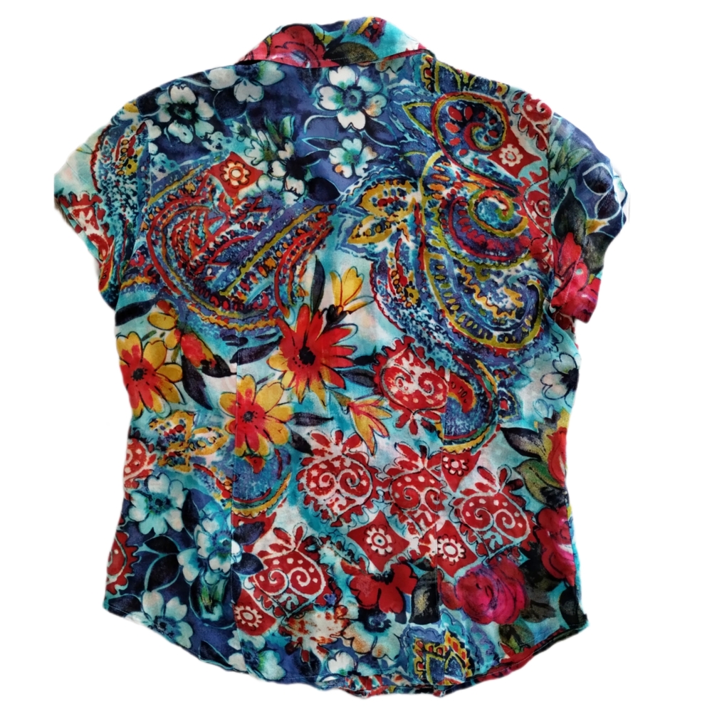 Chico’s Silk Floral Button Down Blouse S Colorful Short Sleeve Pockets - Picture 4 of 9